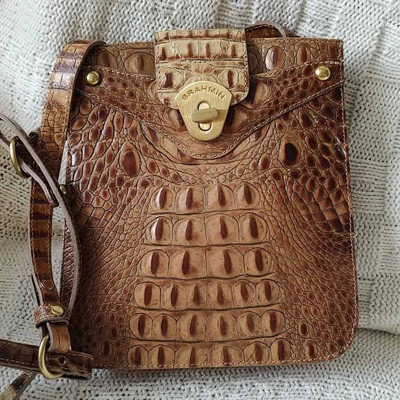BRAHMIN Small Crossbody Croc Brown Leather Bag Purse - Picture 11 of 12